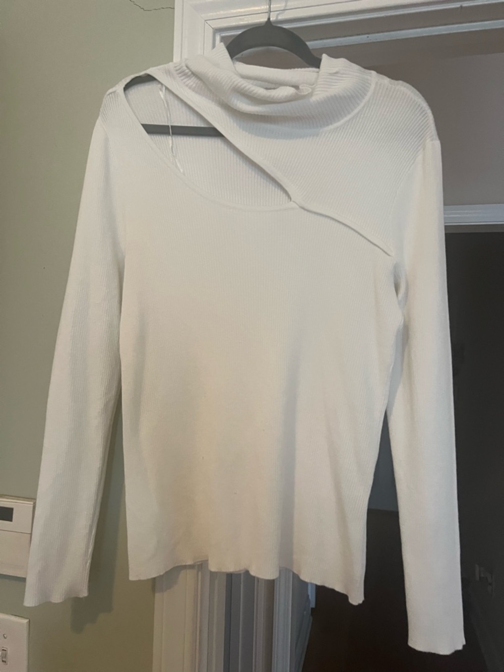 Cyrus White Ribbed Asymmetric Cutout Turtleneck Sweater